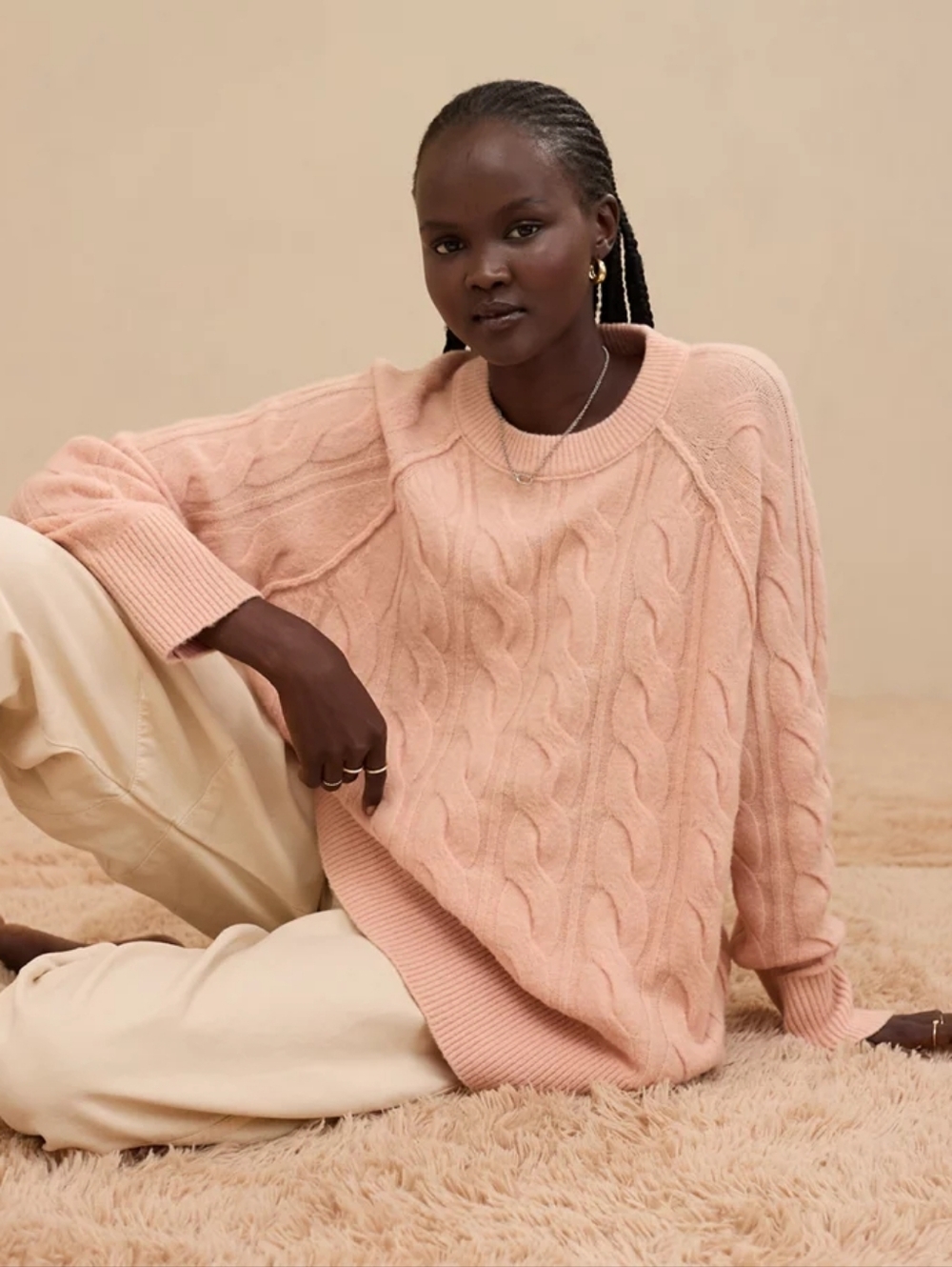 Aerie unREAL Cable Crew Sweater - Dusty Pink